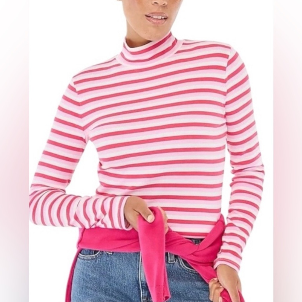 J. Crew Pink and White Striped Turtleneck Top